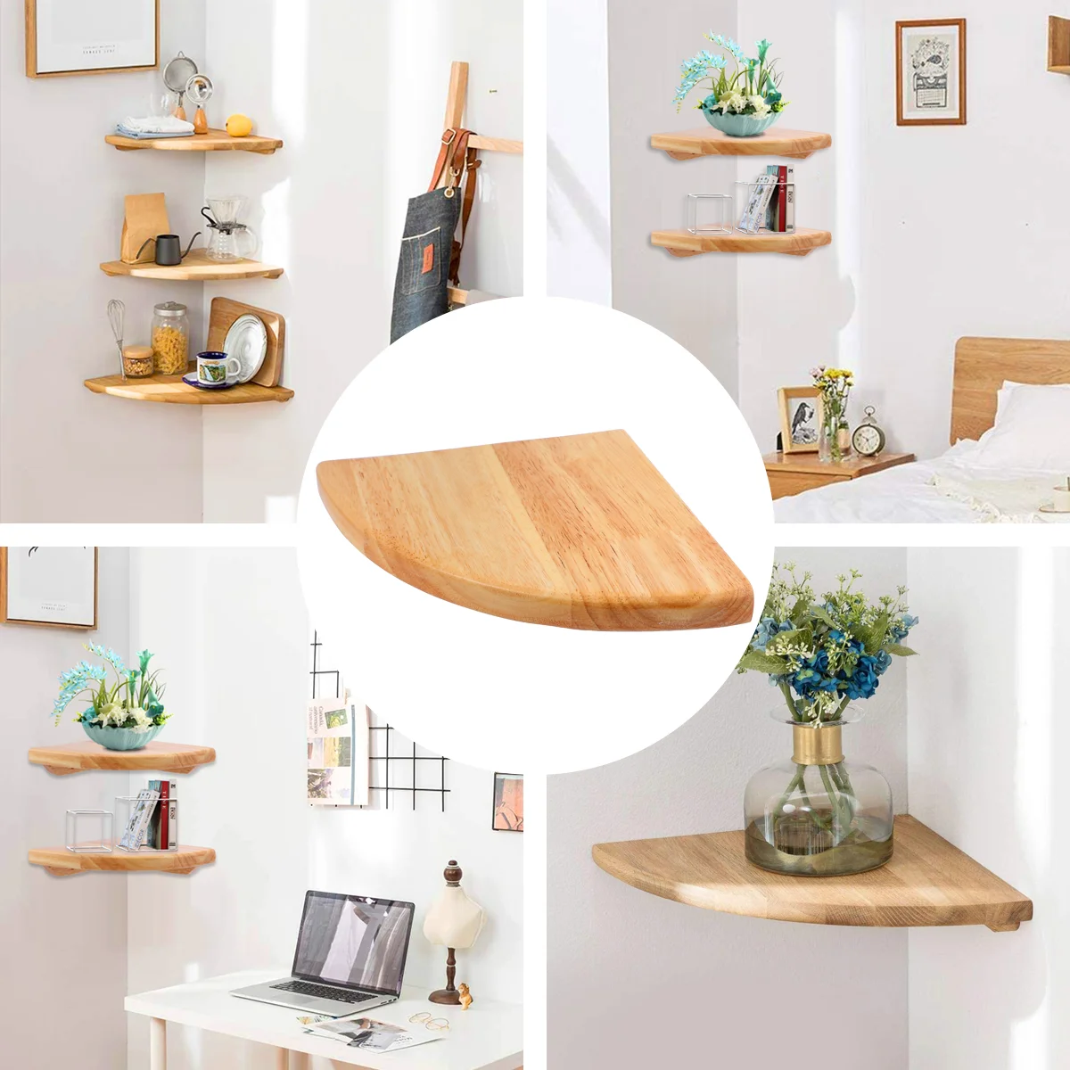 Estante de esquina para pared, estantería flotante de almacenamiento,  Montado en Rack soporte de madera, tablero de exhibición en forma de  abanico, Repisas de madera rústica blanca - AliExpress