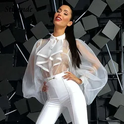 Stigende Puffy Sleeve Loose Fit Transparent Shirts Women Sexy See Through Bodysuit Blouse Turn Down Collar Ruffles Chiffon Tops