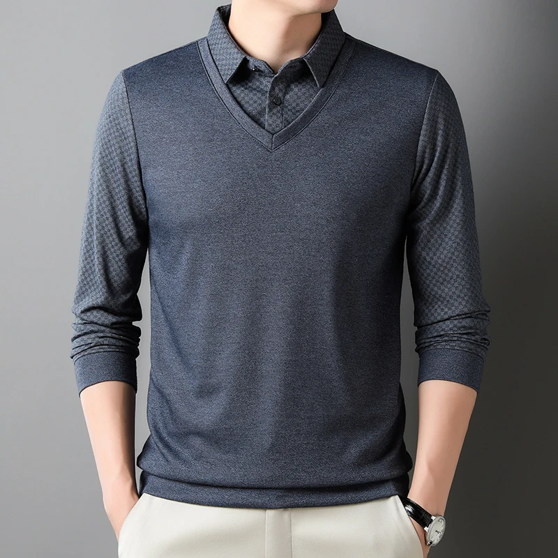 

Новинка 2023, мужская рубашка-поло, клетчатый Повседневный пуловер с длинными рукавами, деловая мужская одежда с лацканами