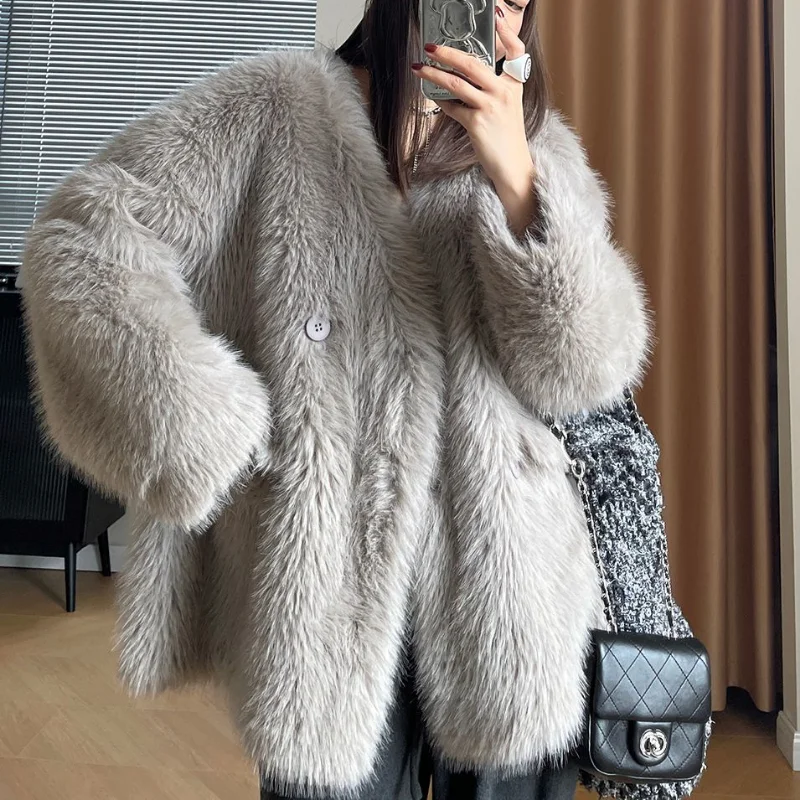 Women Luxury V-neck White Fur Coat Female Winter New Korean Fashion Loose Basic Elegant Warm French Long Sleeve Gray Fur Coat