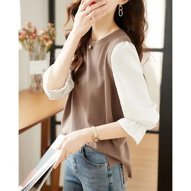 Sweet O-Neck Spliced Butterfly Sleeve Fake Two Pieces Blouses Female Clothing 2024 Spring New Loose Casual Tops Korean Shirts