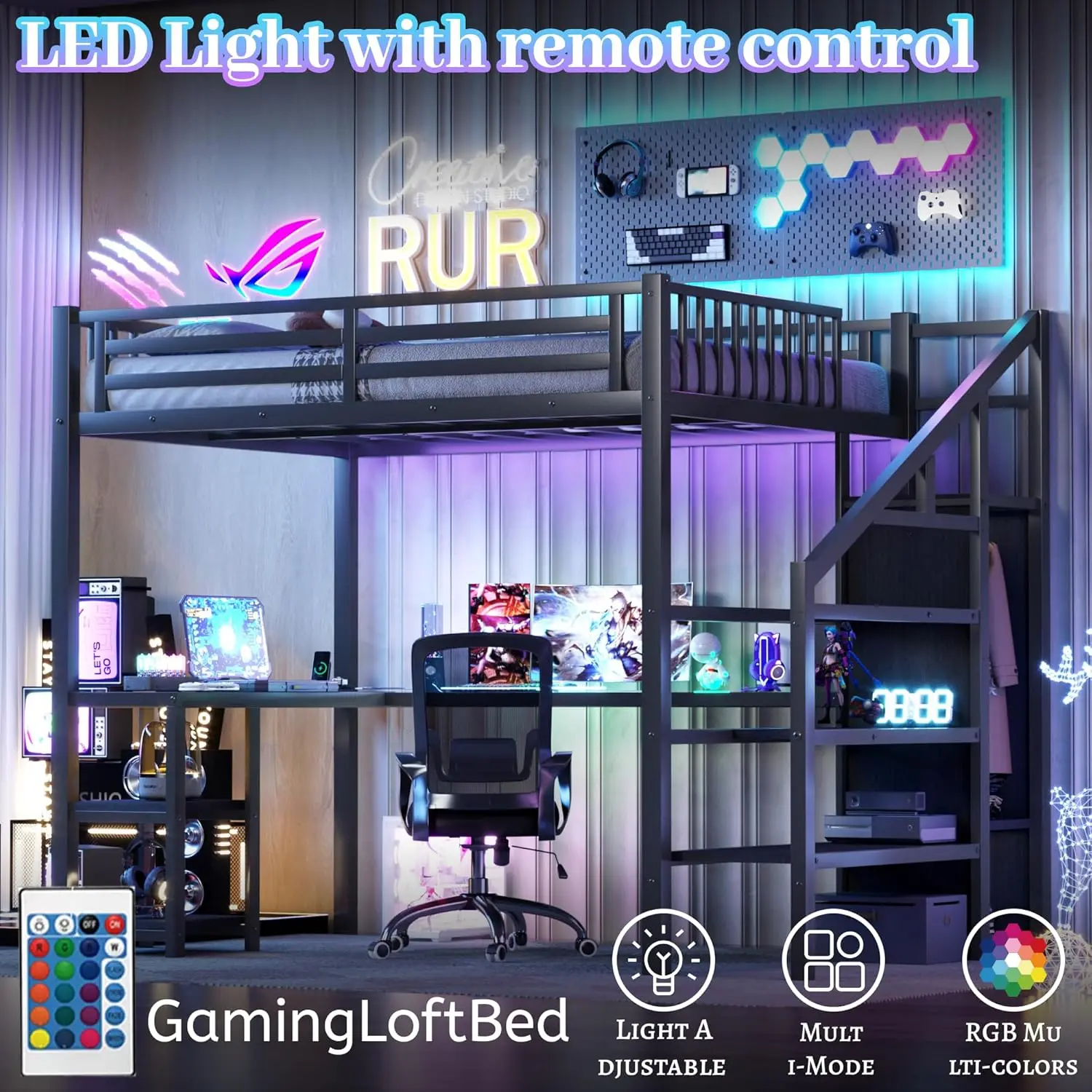 Full Size Loft Bed with Desk and Stairs Gaming Loft Bed with RGB LED Light and Storage Heavy-Duty Metal Lofts Beds Frame with