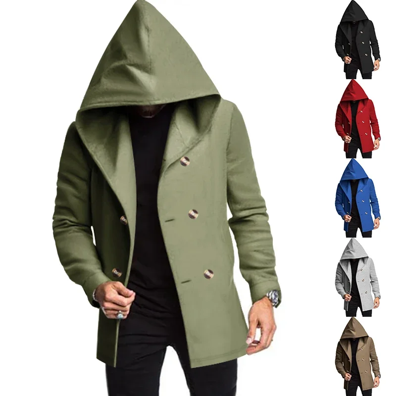 Men's Windbreaker Spring and Autum Double Row Solid Color Casual Men's Mid-Length Outwear Jacket