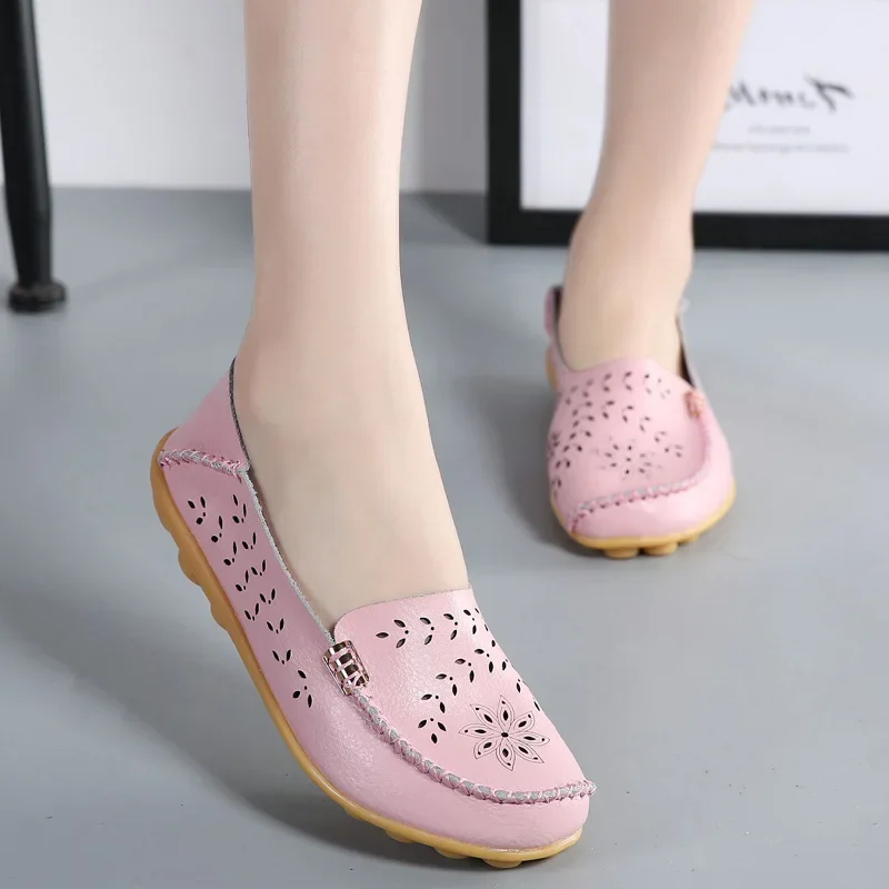 Women's Flats 2025 Spring Summer Hollow Breathable Flat Casual Shoes Hole Soft Bottom Leather Mother Pregnant Women Shoes - 4