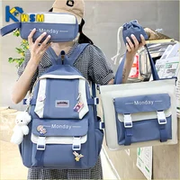 Women's 4 Pcs Set Backpack Harajuku Laptop Canvas School Bags for Teenage Girls Kawaii Backpack College Student Book Bag