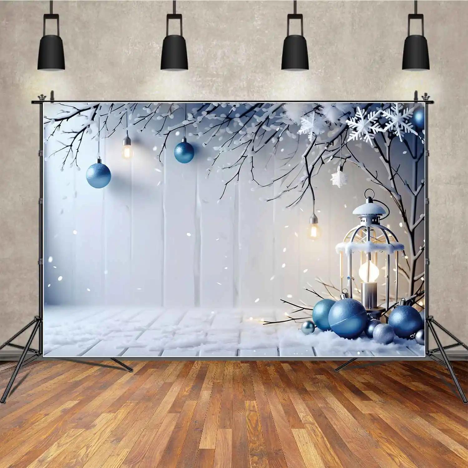Moon.Qg Sfondo Christmas Studio Photography Background White Plank Snowflake Branch Ball Lamp Decorazioni Photocall Photozone