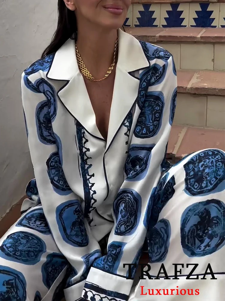 TRAFZA Vintage Casual Print Women Suit Single Breasted V Neck Shirts+Loose Wide Leg Long Pants Fashion 2024 Autumn Women Sets