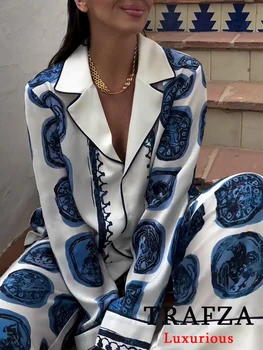 TRAFZA Vintage Casual Print Women Suit Single Breasted V Neck Shirts+Loose Wide Leg Long Pants Fashion 2024 Autumn Women Sets