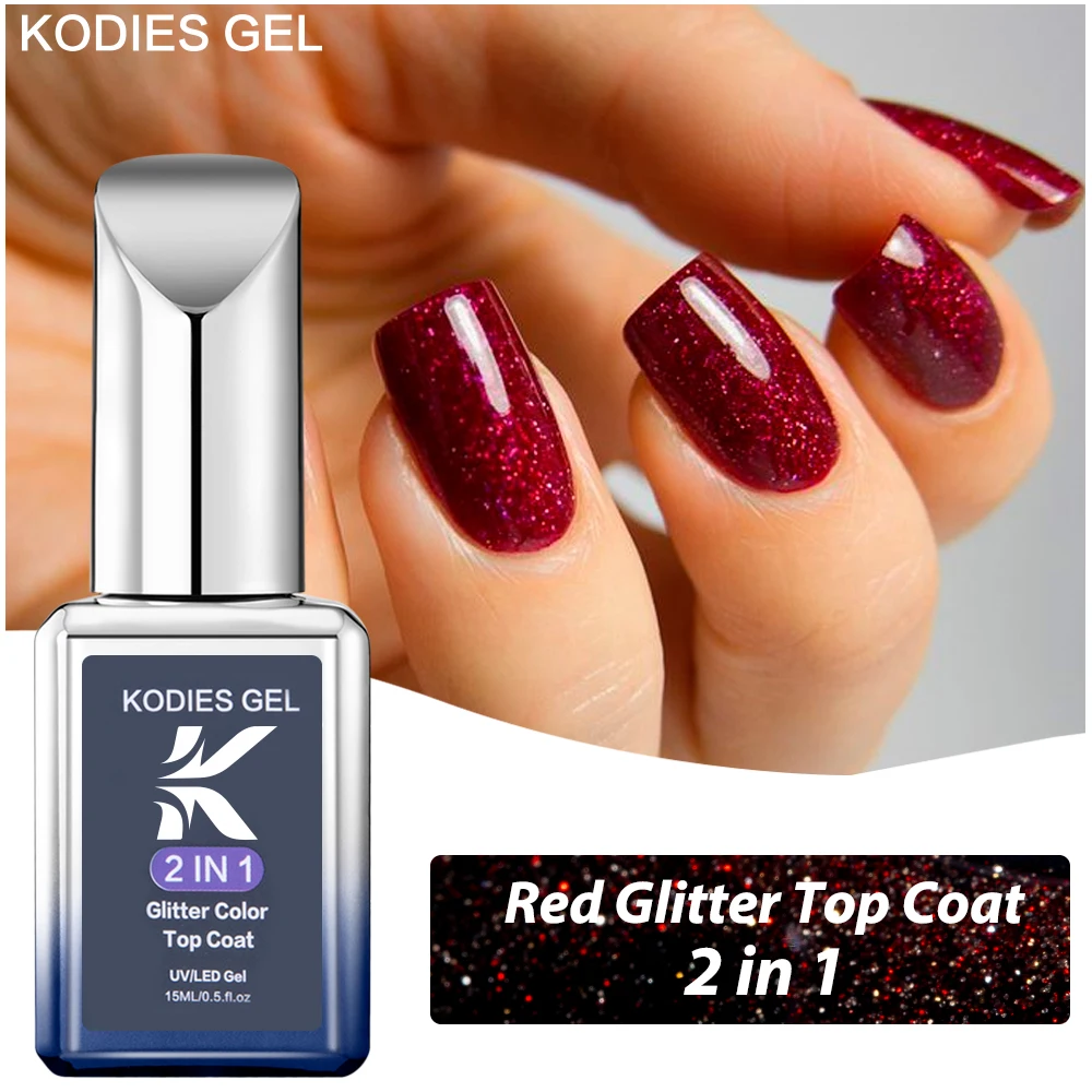 

KODIES GEL Red Diamond Top Coat UV Gel Nail Polish Glitter Sequins Mix 15ML Soak Off Base Gel Varnish Primer Manicure Nail Art