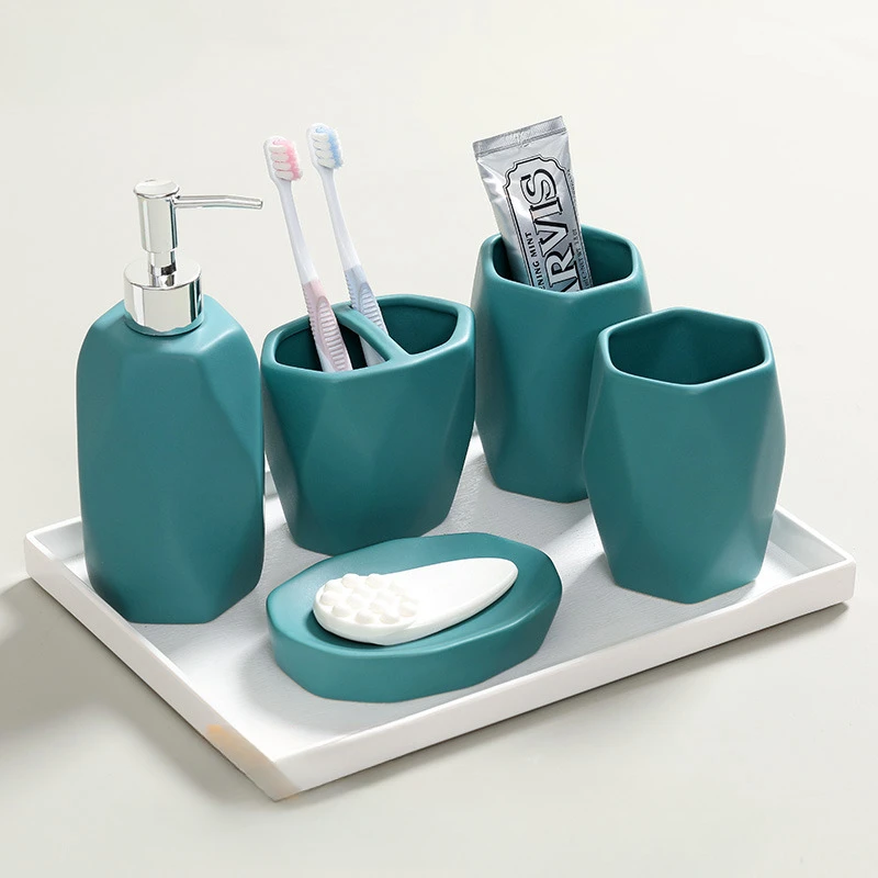 

5pcs Ceramic Bathroom Five Piece Set Wedding Toiletries Set Bathroom Accessories Mouthwash Cup Lotion Bottle Household Items