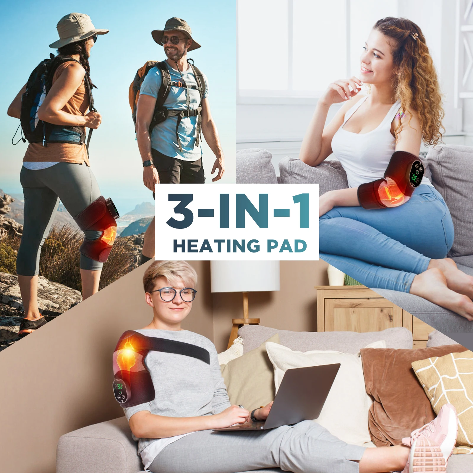 3-in-1 Cordless Heating Knee Massage Hot Compress 6 Levels Heating Wrap Warm Timing Shoulder Elbow Pad Support Belt