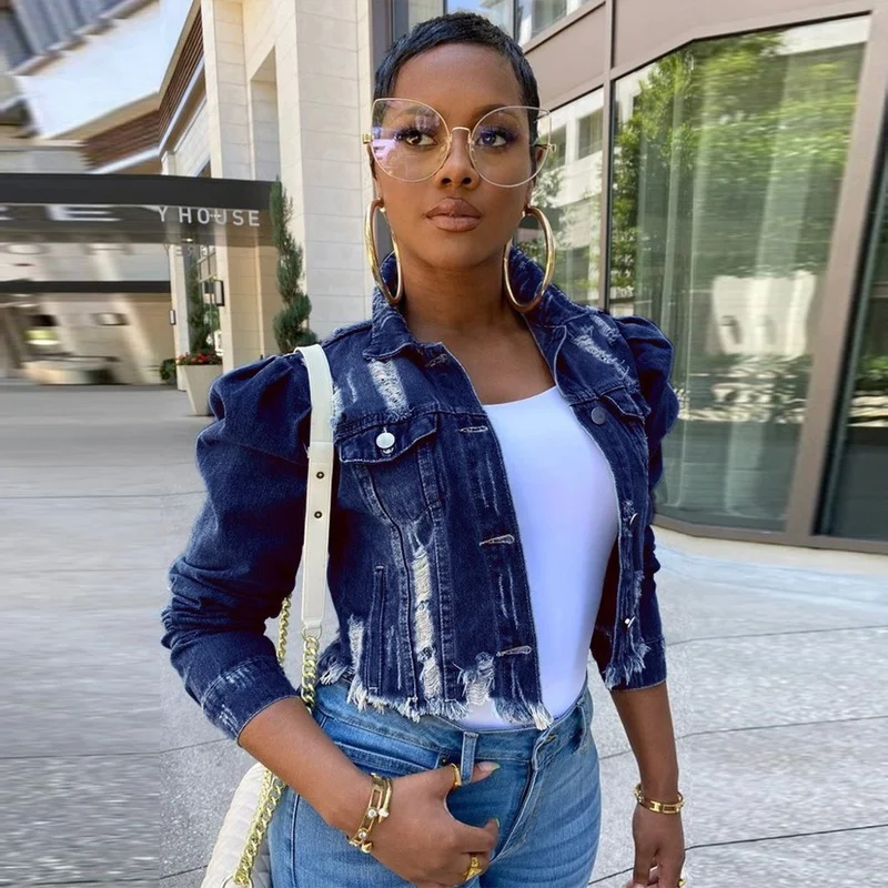

2021 Denim Jacket Women's Autumn Women's New Solid Color Bubble Sleeve Short Frayed Denim Street Style Long-sleeved Jacket