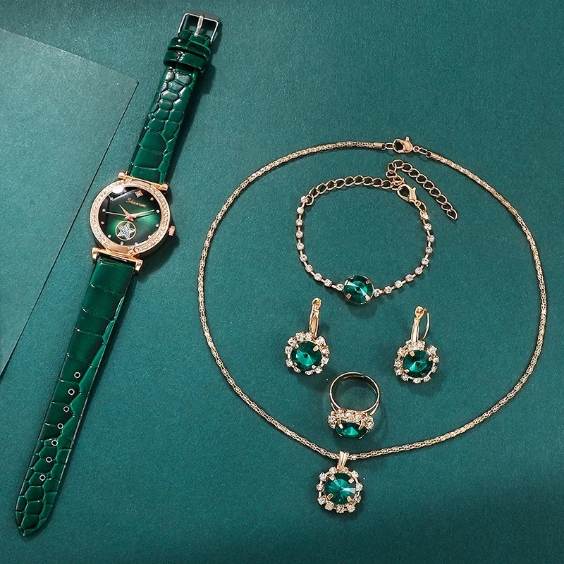 Women Watches 6PCS Set Quartz Watch Ring Necklace Earring Bracelet
