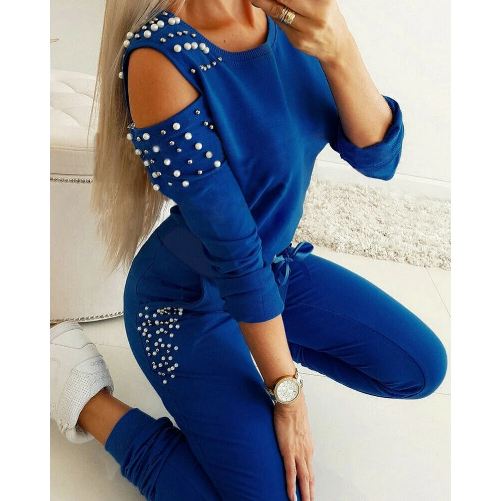 Woman Two Piece Sets Clothes New 2024 Cold Shoulder Beaded Decor O-Neck Long Sleeve Top & Drawstring Pants Set Suits for Women