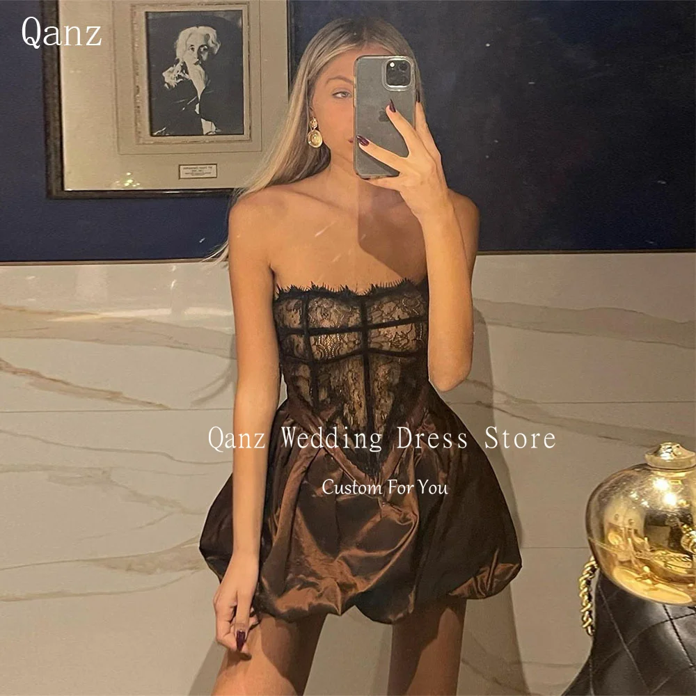 Qanz Sexy Short Robes De Cocktail Strapless Satin Lace Up Back Fluffy Prom Dresses Mini Ruched Birthday Dresses Luxury for Women