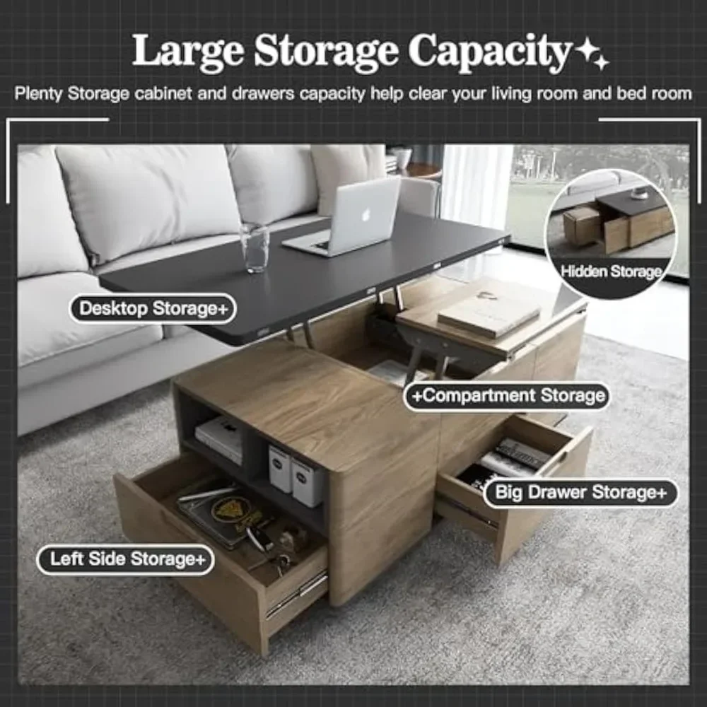 Lift-Top Coffee Tables with 4 Stools, 3-in-1 Center Tables, Space Saving Folding Dining Table