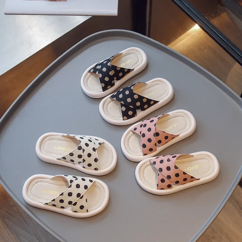 Girls Polka Dot Summer Slippers Kids Open Toe Flat Shoes