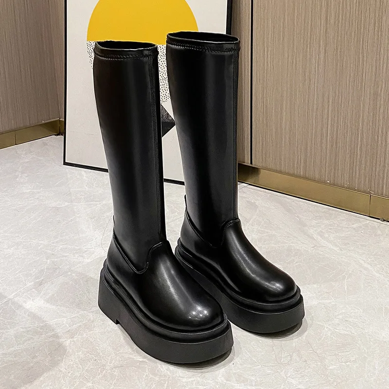 Women Knee High Boots Women's Zip Leather Buckle High Boots Woman Low Heels Ladies Buckle Belt Female Shoes Gothic Shoes