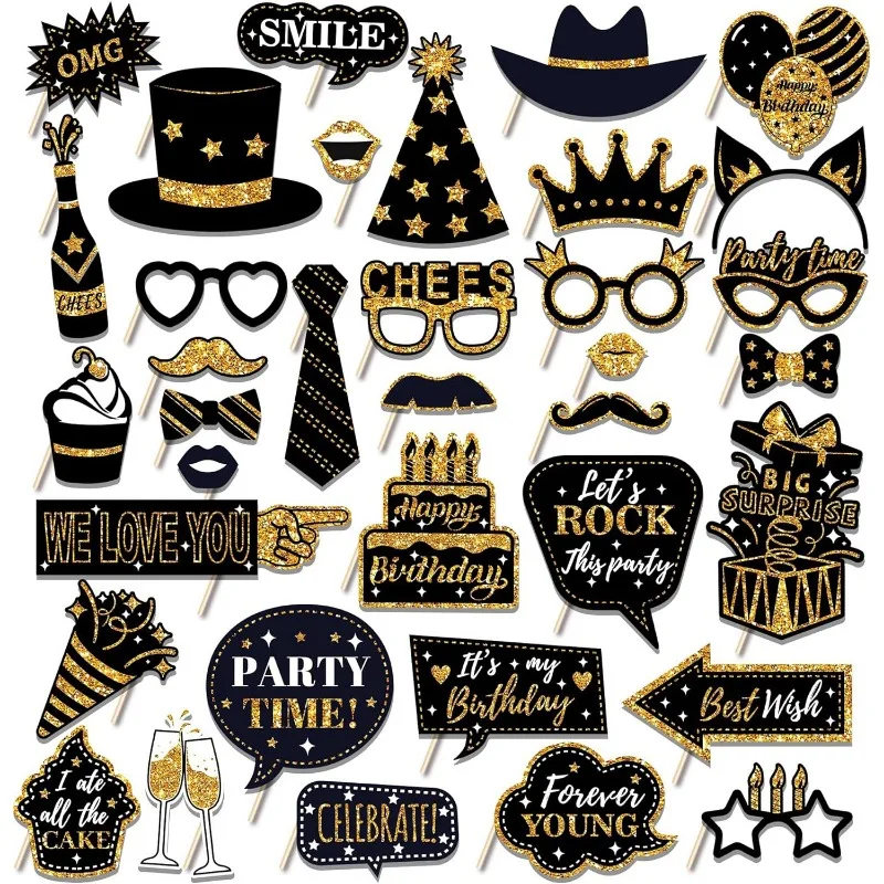 2025 Happy New Year Black Gold Black Silver Paper Handheld Party Photography Supplies Decorations Photobooth Selfie Prop 36PCS