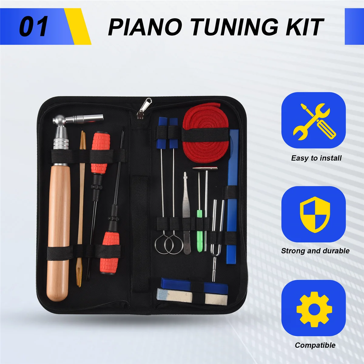 A51Q-Piano Tuning Kit 16Pcs Professional Piano Tuners Tools Set Wrench Hammer Mute Fork Screwdriver Belt Tweezers Clip