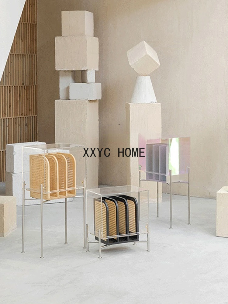 

Magazine Cabinet Rattan Metal Acrylic Floor Small Bookshelf Side Cabinet Japanese Retro Bedside Table