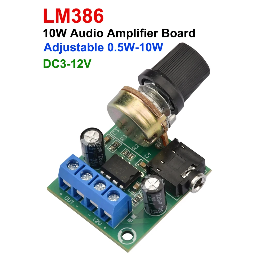 LM386 10W Audio Amplifier Board Mono 3.5mm DC 3-12V Volume Control Mini AMP Module Adjustable Volume 1PC