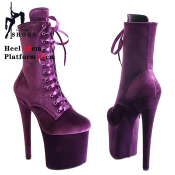 Ankle Boots For Women 20CM Extreme High Heels Platform Round Toe Zip Party Club Shoes Flock Color Stiletto Boots Large Size Shoe - Image 2