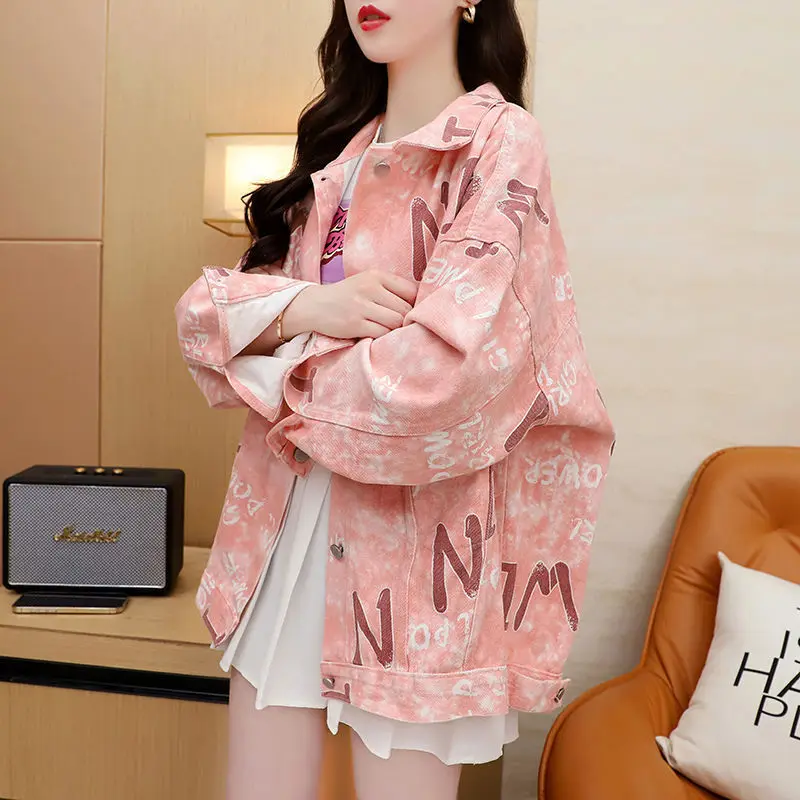 

Women Clothing Pink Denim Jacket Korean Fashion Street Trend Loose Lapel Single-breasted Long-sleeved Y2k Tops Coat Women