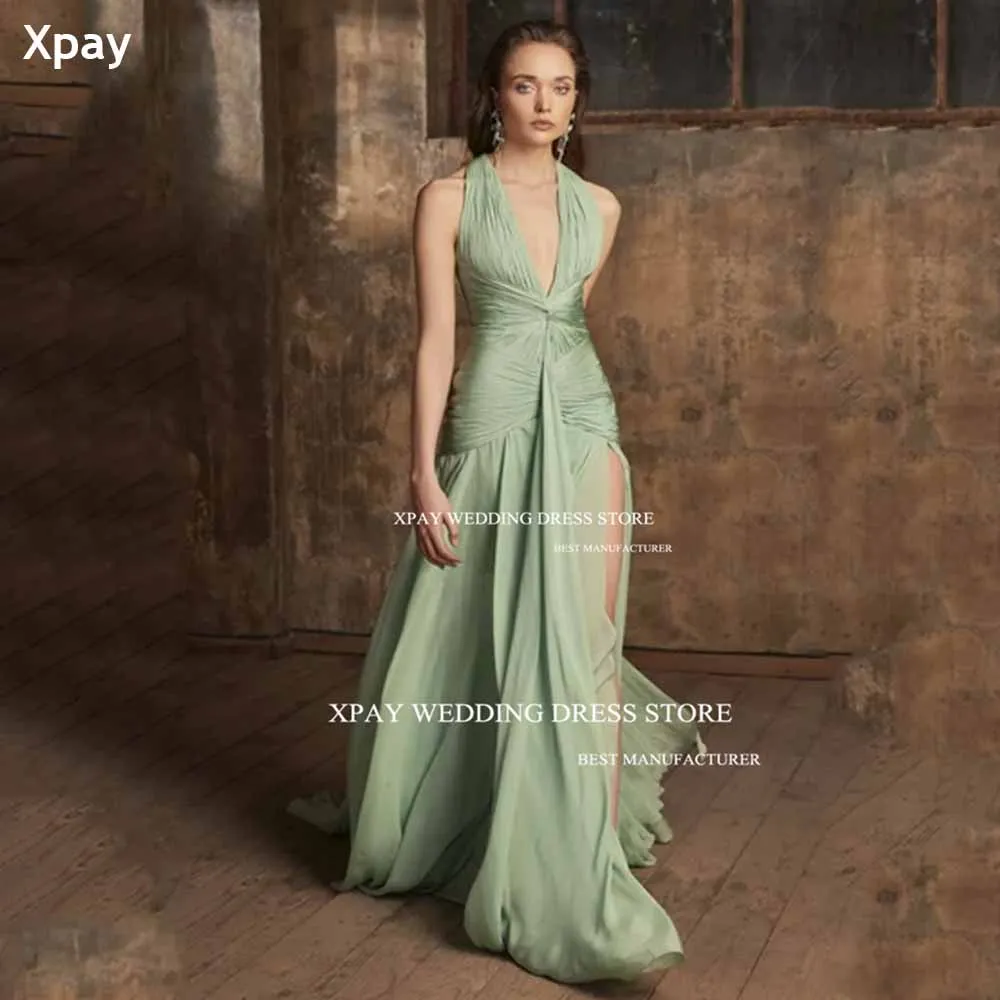 

XPAY Sexy Deep V Neck Green A Line Prom Evening Party Dresses Draped Sleeveless Chiffon Cocktail Dress Night Formal Event Dress