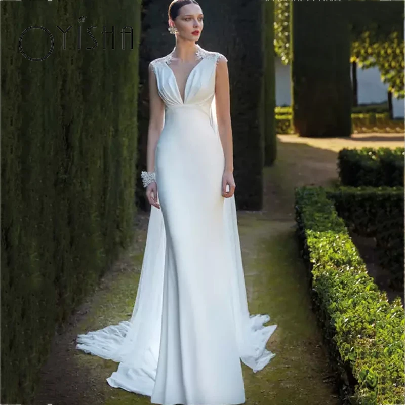 

OYISHA Deep V-Neck Sleeveless Wedding Dress 2023 Elegant Satin Mermaid Bridal Gown Charming Lace Applique Shawl vestido de noiva