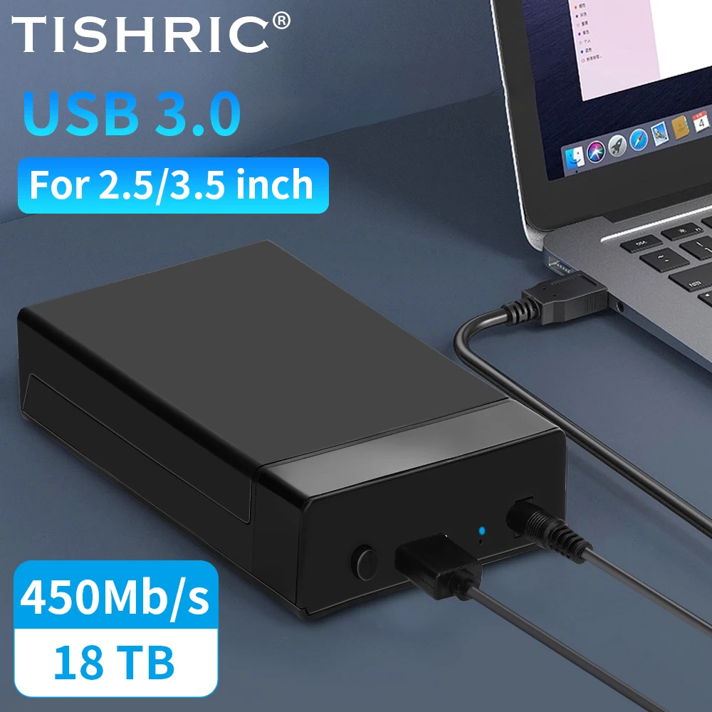 TISHRIC External HDD Case 2.5/3.5 SSD External Hard Drive Box Enclosure 450Mb/s 18TB SATA to USB 3.0 Hard Disk Case Adapter
