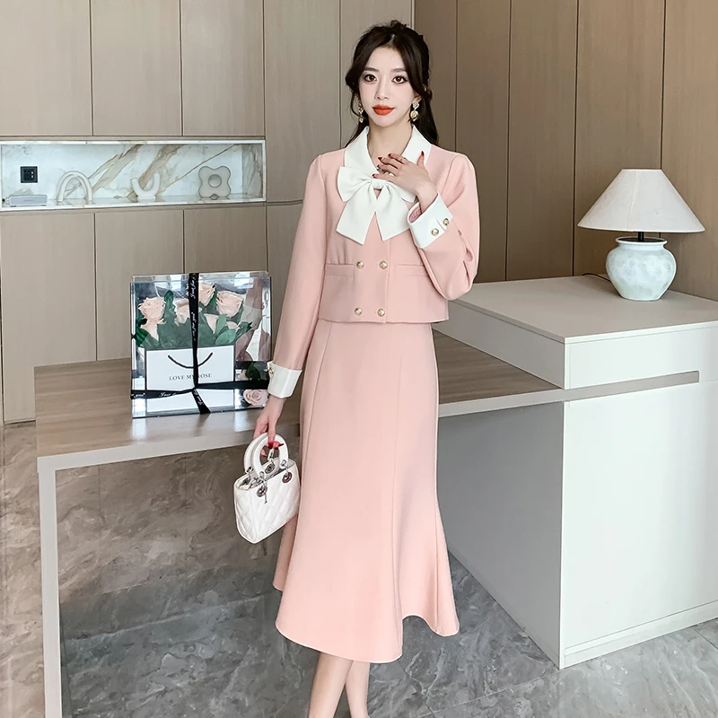 elegant-chic-style-two-piece-set-2024-spring-new-arrival-with-color-block-bow-tie-jacket-and-waist-cinching-mermaid-skirt-hot