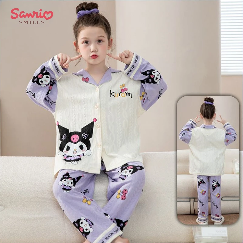 

Пижама Аниме Sanrio Kuromi Cinnamoroll с длинными рукавами, осенняя свободная мультяшная мелодия, кардиган с лацканами для девочек, домашняя одежда, Детский костюм