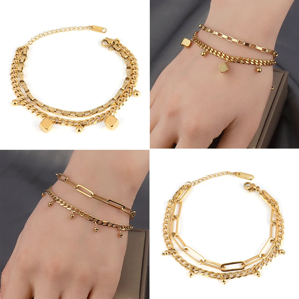 Chain Bracelet Stainless Steel Bracelets Stainless Steel Jewelry Women Bracelet Stainless Steel Bracelet For Women Double Layer Chain Bracelet Heart Pendant Bracelets Bohemian Lock Jewelry Gift