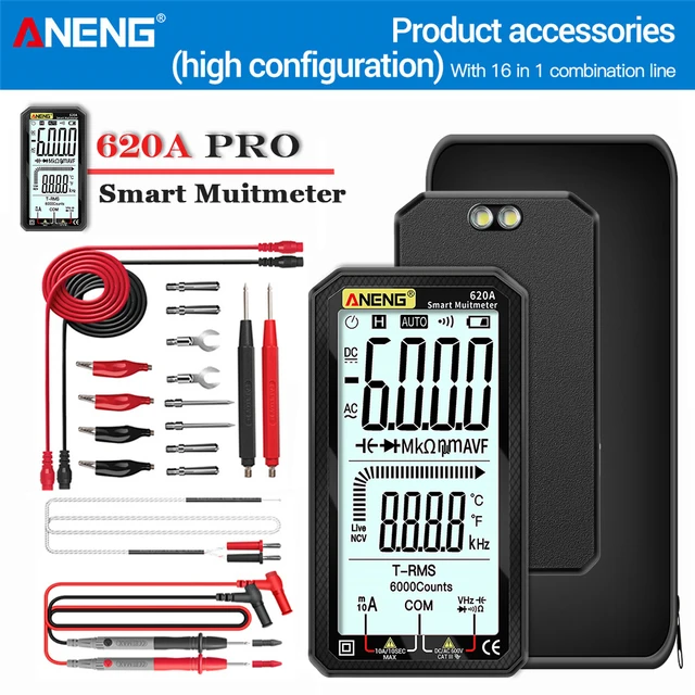 ANENG 620A Digital Smart Multimeter Transistor Testers 6000 Counts True RMS Auto Electrical Capacitance Meter Temp Resistance 620A Black PRO