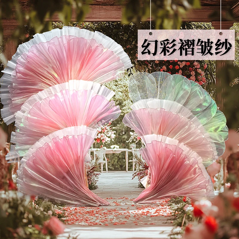 Fantasy Colored Pleated Hotel Background Wall Decoration Fabric Pleated Wide Transparent Silk Flower Wedding Texture Fabric