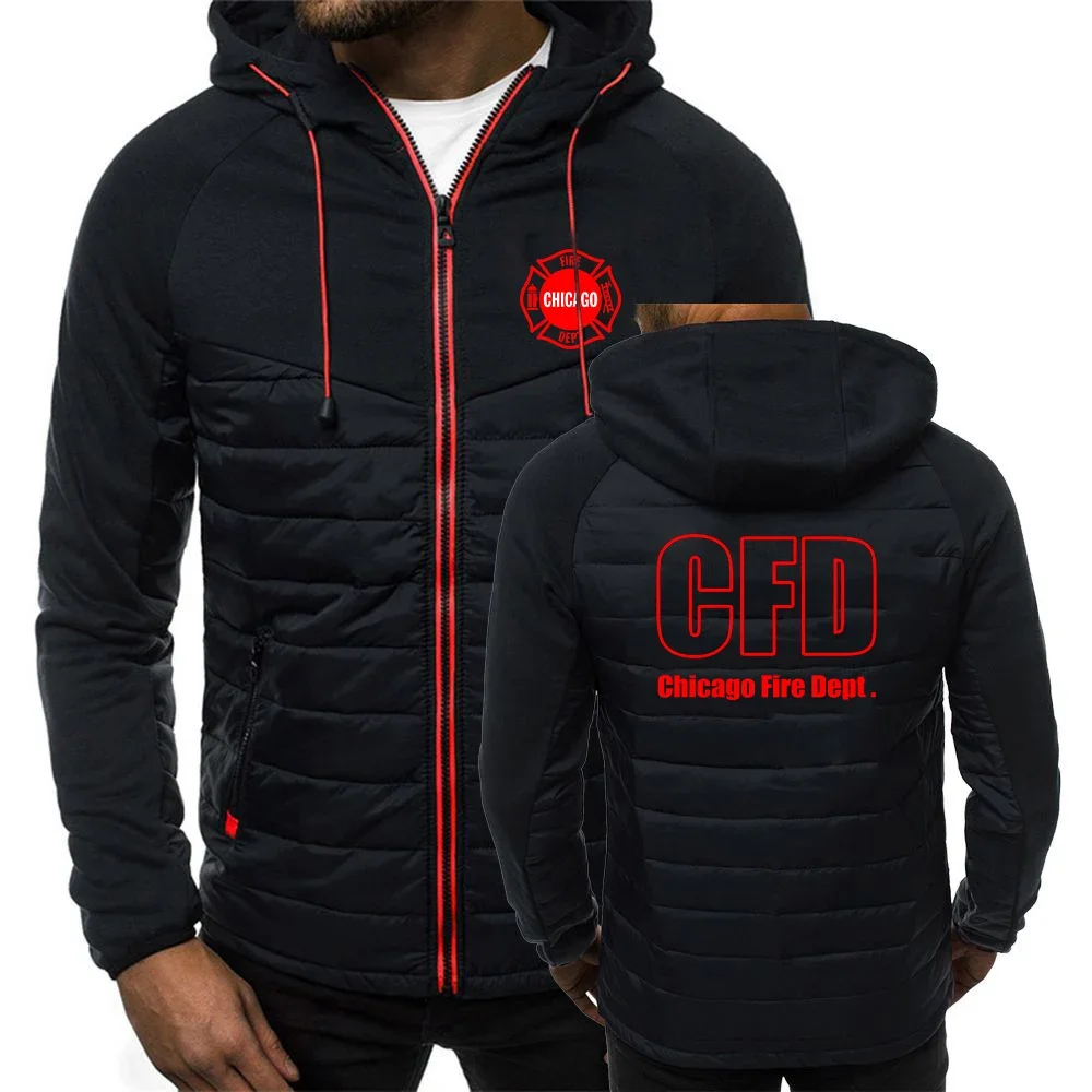 

Chicago Fire Department Men's Autumn and Winter Popular Casual Patchwork Seven-color Cotton-padded Jacket Hooded Printing Coats