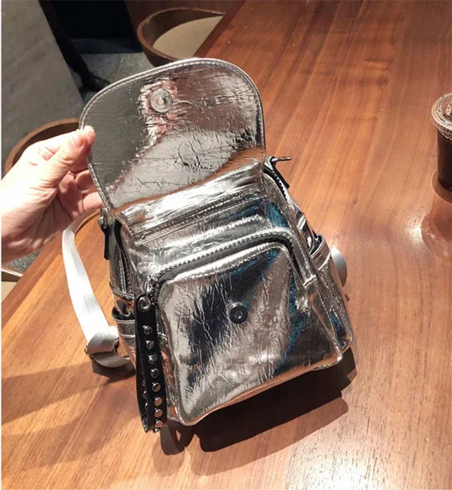 Fashion Vegan Leather Small Size Silver Backpack 90s Fashion Women Casual Korean Stylish Rivet Shiny Rhinestone Travel Daypack 5