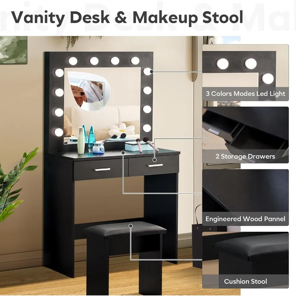 illuminated vanity table with adjustable light, dual drawers, and matching stool for contemporary makeup applications