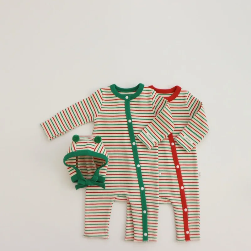 

2023 Christmas Clothes Striped Rompers Infant Boys Jumpsuits With Hat Contrast Color Round Neck Long Sleeve One Piece