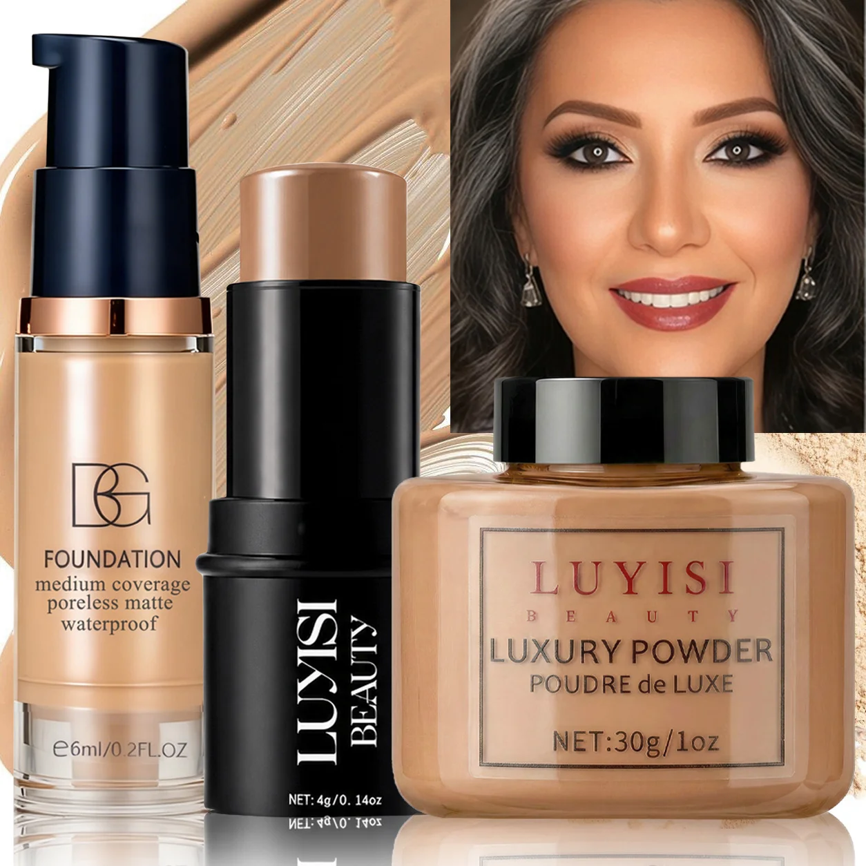 Set di trucco per il viso: 1 fondotinta + 1 stick per il contouring + 1 polvere fissante, copertura completa, impermeabile e resistente al sudore, cosmetici delicati.