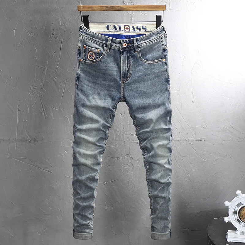 

Street Fashion Men Jeans High Quality Retro Blue Stretch Slim Fit Ripped Jeans Men Leisure Trousers Vintage Designer Denim Pants