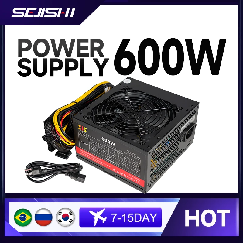 

SEJISHI fonte 600W PC PSU Power Supply Unit Black Gaming Quiet 120mm Fan 24pin 12V ATX Desktop Computer Power Supply for BTC