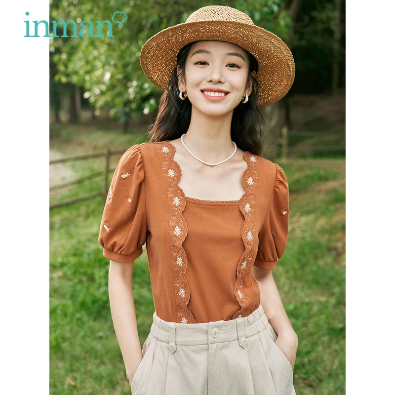 INMAN Women T-shirt 2023 Summer Puff Sleeve Square Neck Slim Blouse Design Wave Embroidered Placket Fashion Elegant Caramel Top gm328 mega328 transistor tester lcr diode capacitance esr voltage frequency meter pwm square wave frequency signal generator