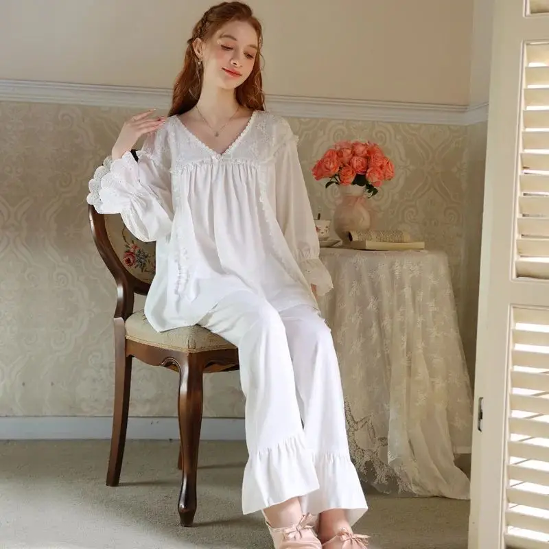 Women Loose  V Neck Pajama Sets Princess Sweet Sleepwear Pajamas Home Clothes Spring Autumn Vintage Sleep Tops Bottoms Pants