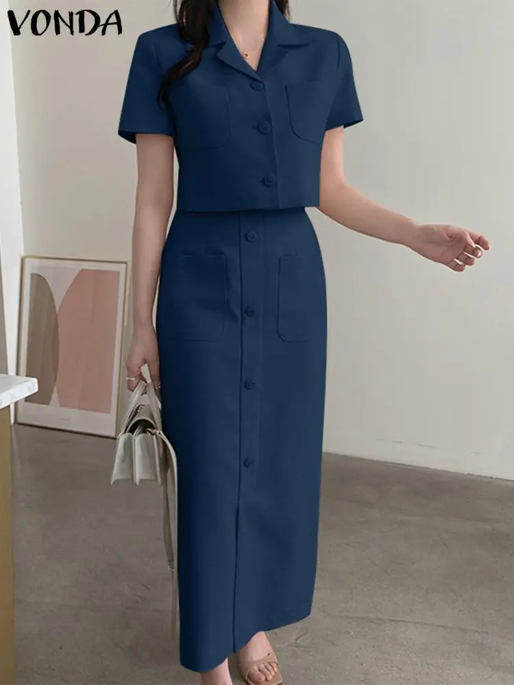 

Women VONDA Elegant Dress Sets Casual Summer Fashion Suits 2023 Short Sleeve Tops and Long Skirts Loose Solid Color 2PCS Sets
