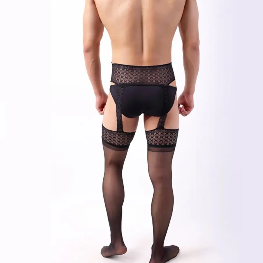 Men Lingerie Stockings Garter Belt Tights Pantyhose Thigh High Lace Embroidery Underwear men leggings cosplay underpants