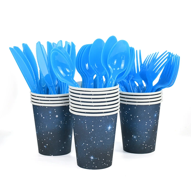 Einweggeschirr mit Sternenhimmel-Thema, Star Galaxy-Tischdecke, Pappteller, Tassen, Geschenktüten für Space Planet, Geburtstagsparty-Zubehör – Detail 12