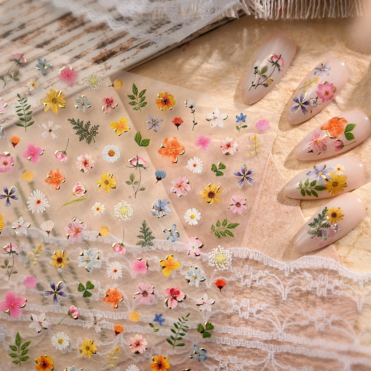 다양한 야생화 데이지 복숭아꽃 안개꽃 호접란 히비스커스 사이프러스 잎 접착식 네일 아트 스티커 매니큐어 데칼