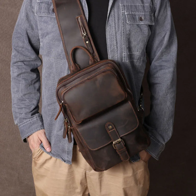 

AETOO Men's retro handmade leather chest bag casual crossbody bag head layer cowhide one shoulder bag Crazy horse skin personal